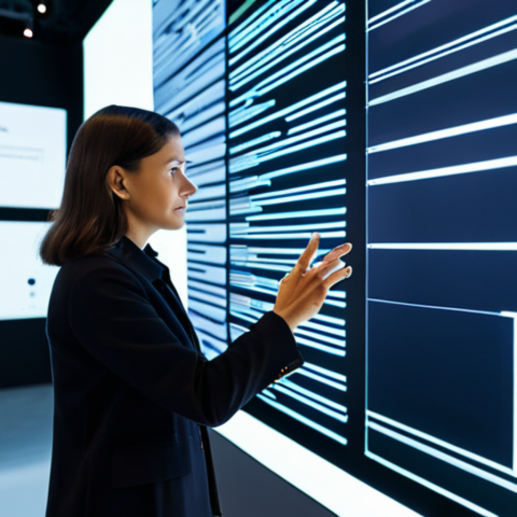 A professional female visitor, fully clothed in a modest business casual outfit, intently interacting with a large, glowing touch-screen exhibit in a modern, high-tech museum. The screen displays complex AI ethics scenarios with futuristic user interface elements, connecting to Kant's "Categorical Imperative." The background shows soft, futuristic lighting and architectural details of the innovative museum. The woman has perfect anatomy, correct proportions, a natural pose, well-formed hands, and proper finger count. Professional photography, high quality, safe for work, appropriate content, family-friendly.