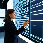 A professional female visitor, fully clothed in a modest business casual outfit, intently interacting with a large, glowing touch-screen exhibit in a modern, high-tech museum. The screen displays complex AI ethics scenarios with futuristic user interface elements, connecting to Kant's "Categorical Imperative." The background shows soft, futuristic lighting and architectural details of the innovative museum. The woman has perfect anatomy, correct proportions, a natural pose, well-formed hands, and proper finger count. Professional photography, high quality, safe for work, appropriate content, family-friendly.
