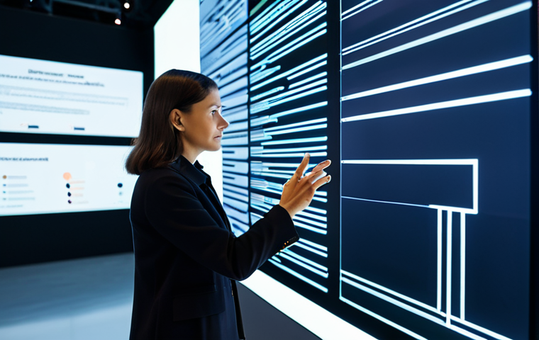 A professional female visitor, fully clothed in a modest business casual outfit, intently interacting with a large, glowing touch-screen exhibit in a modern, high-tech museum. The screen displays complex AI ethics scenarios with futuristic user interface elements, connecting to Kant's "Categorical Imperative." The background shows soft, futuristic lighting and architectural details of the innovative museum. The woman has perfect anatomy, correct proportions, a natural pose, well-formed hands, and proper finger count. Professional photography, high quality, safe for work, appropriate content, family-friendly.
